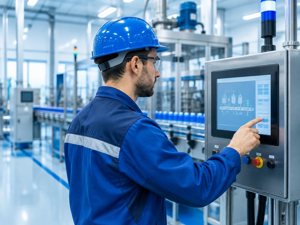 Operator die een productielijn bedient via een touchscreen