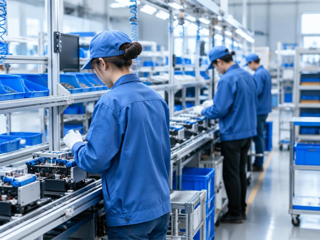 Productiemedewerkers aan een assemblagelijn in een fabriekshal